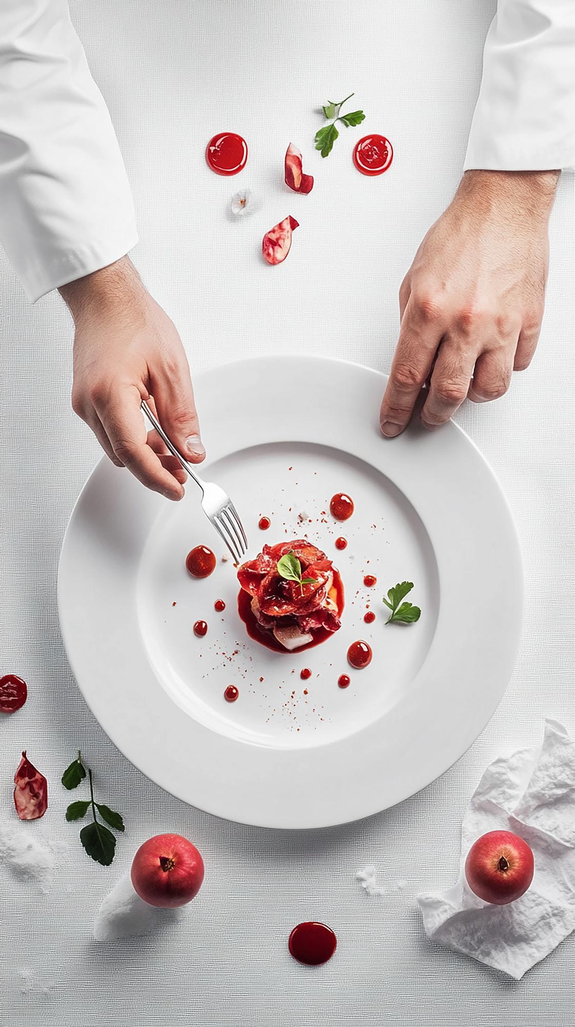 Chef professionista che impiatta un piatto gourmet